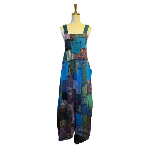 Colorful Hippie Patchwork Overalls Wide Leg Festival, Bohemian, Jumpsuit XS-M - Picture 2 of 4